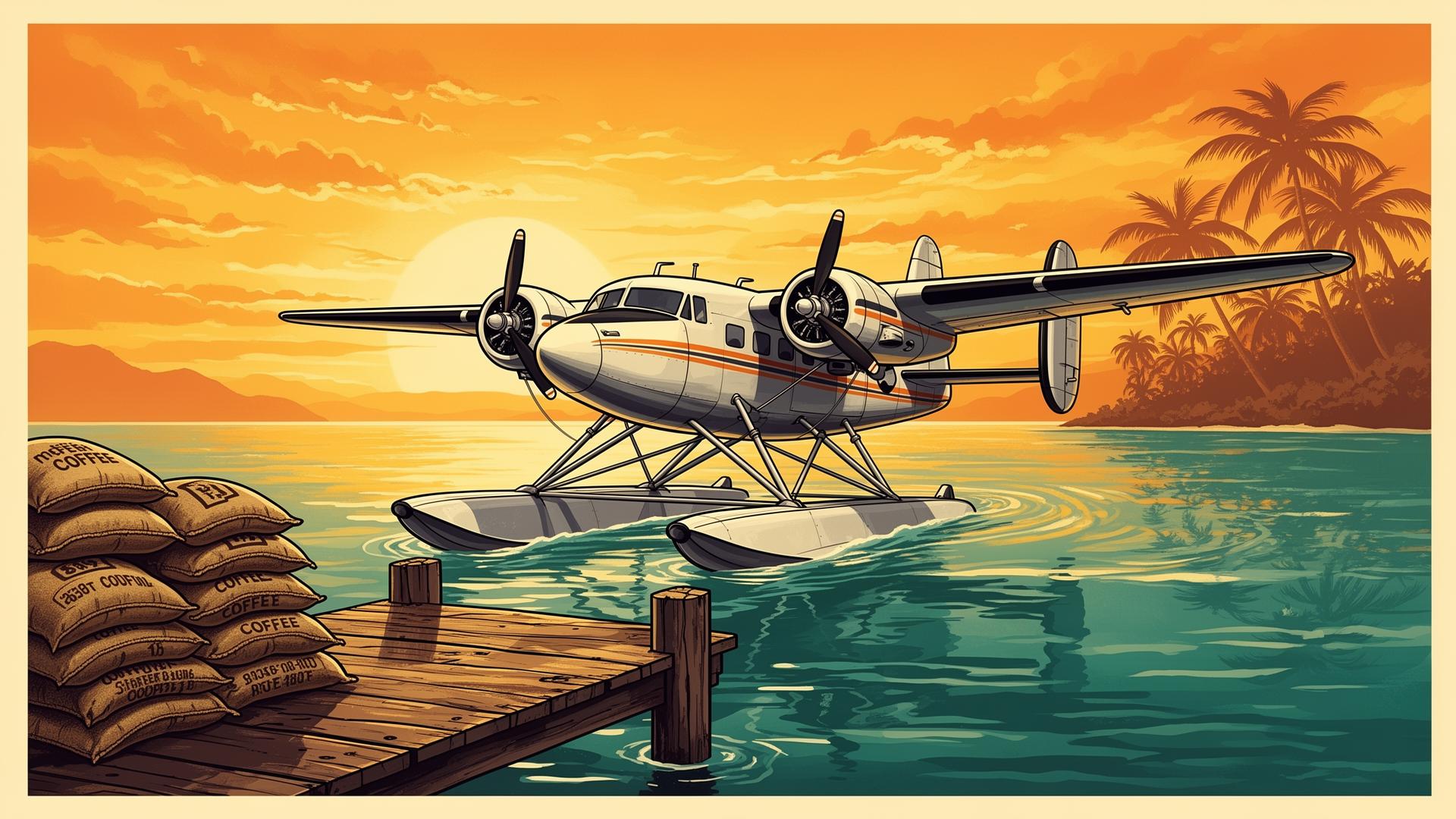 Crates of coffee being loaded onto a vintage seaplane at sunset