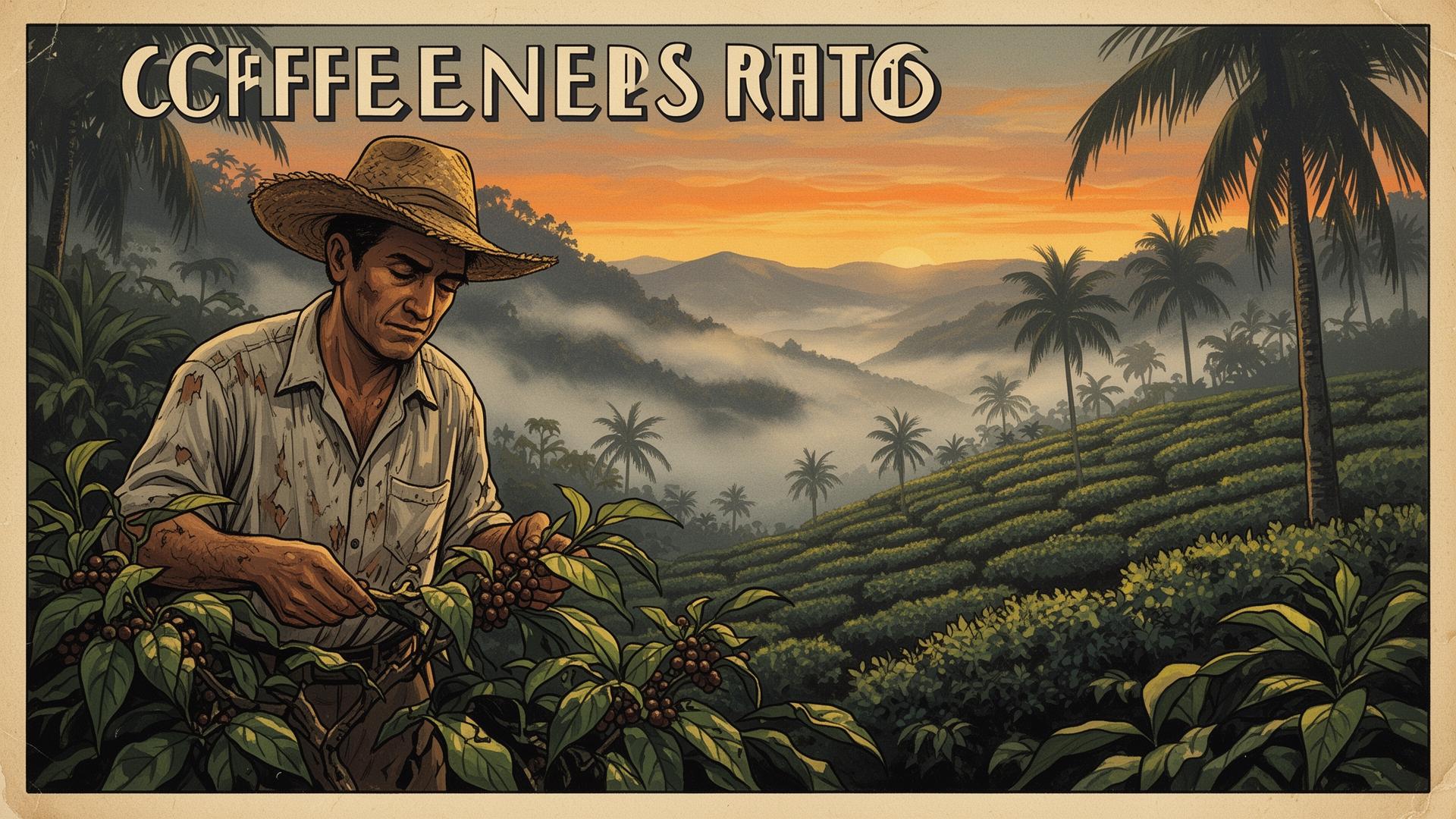 Coffee farmer working a misty highland plantation at dawn